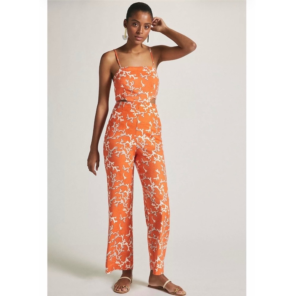 NEW Maeve Anthropologie Riviera Linen Orange Coral Jumpsuit‎ Tie Back Boho 6